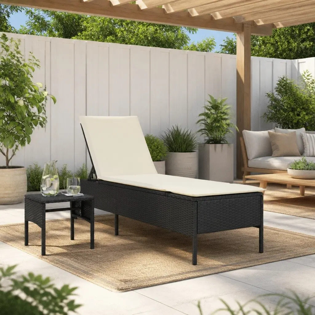 Sun Lounger Outdoor Seating Adjustable Backrest PE Rattan Frame with Side Table and Cushion Black