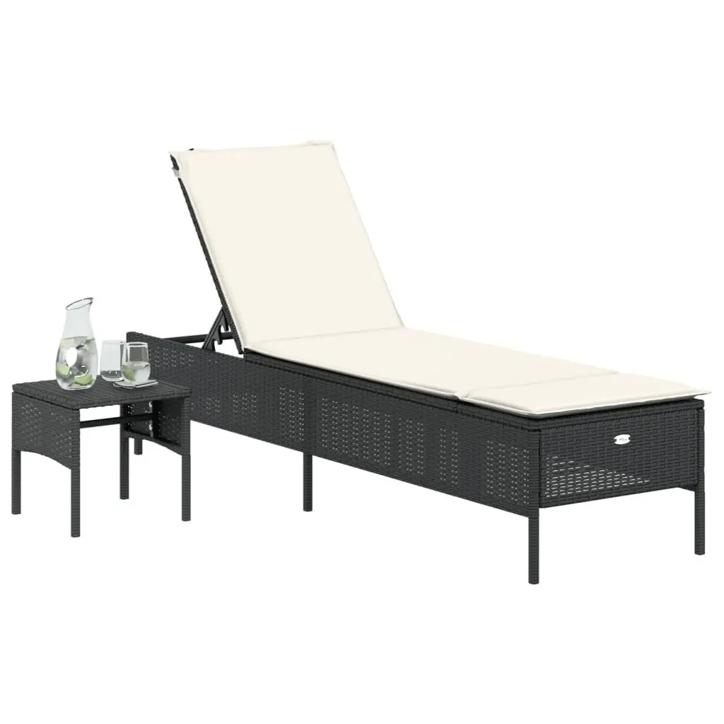 Sun Lounger Outdoor Seating Adjustable Backrest PE Rattan Frame with Side Table and Cushion Black