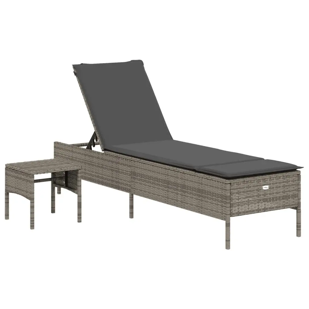 Sun Lounger Poly Rattan Adjustable Backrest Grey with Side Table and Cushion