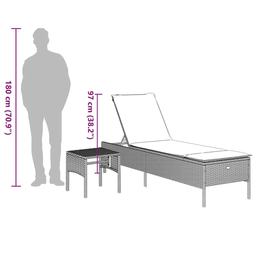 Sun Lounger Poly Rattan Adjustable Backrest Grey with Side Table and Cushion