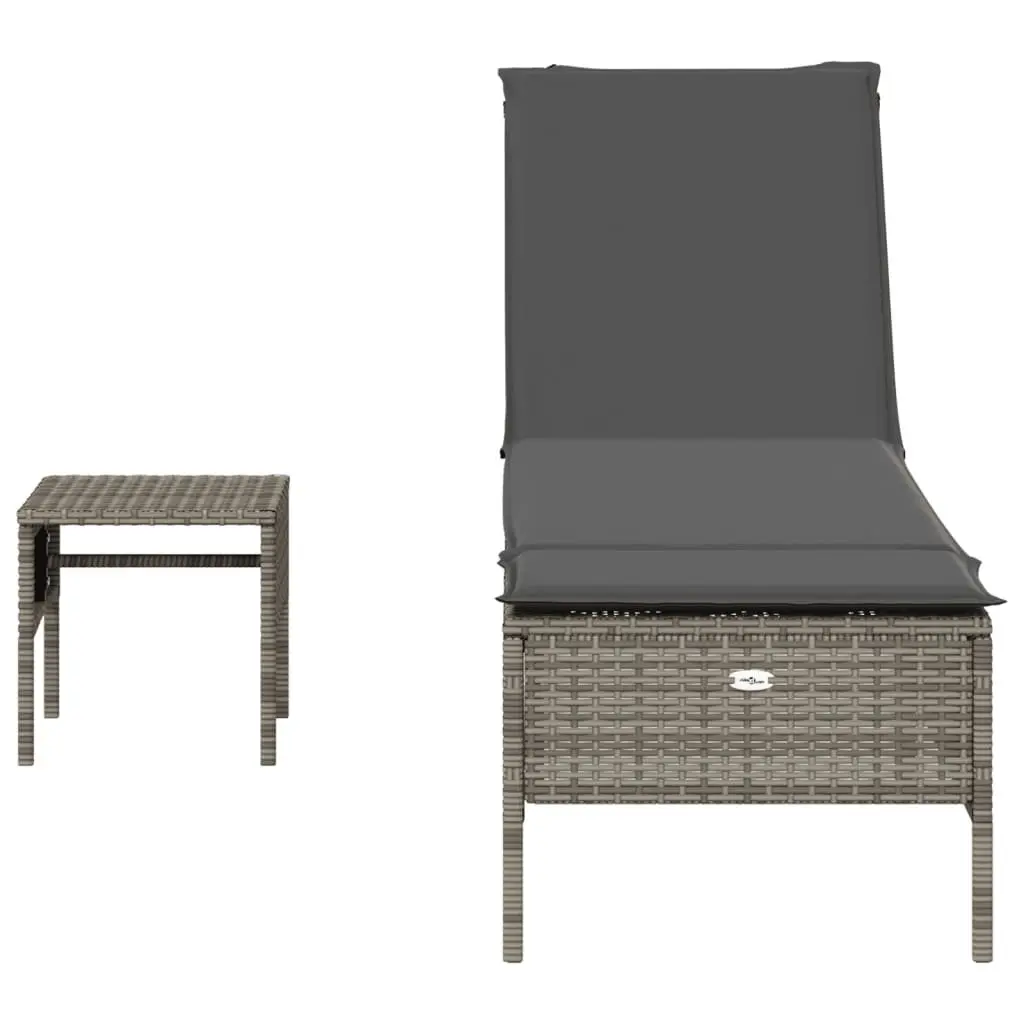 Sun Lounger Poly Rattan Adjustable Backrest Grey with Side Table and Cushion
