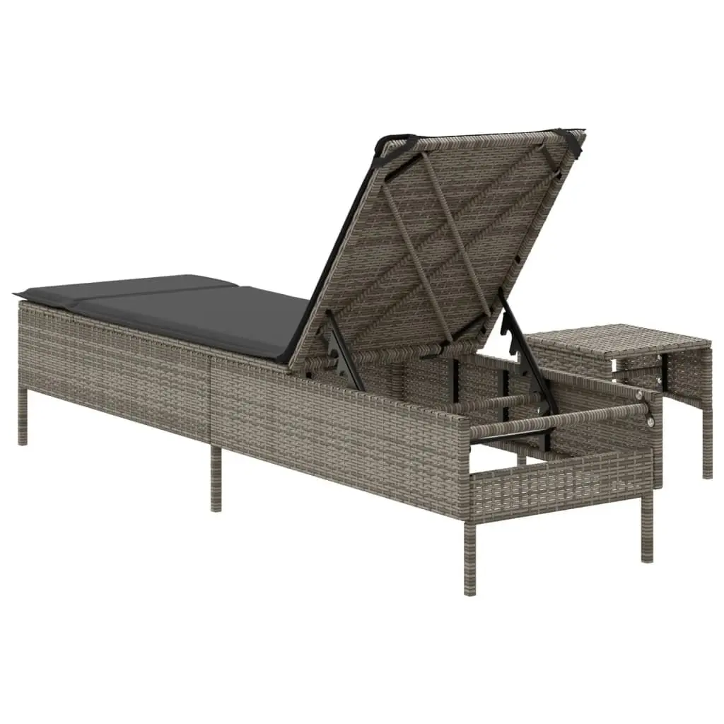 Sun Lounger Poly Rattan Adjustable Backrest Grey with Side Table and Cushion