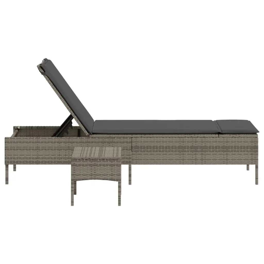 Sun Lounger Poly Rattan Adjustable Backrest Grey with Side Table and Cushion