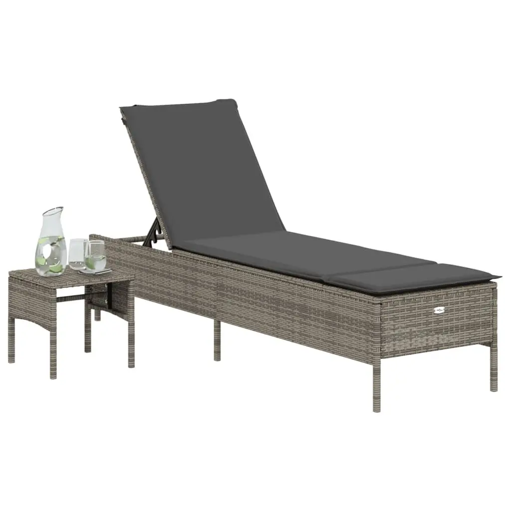 Sun Lounger Poly Rattan Adjustable Backrest Grey with Side Table and Cushion
