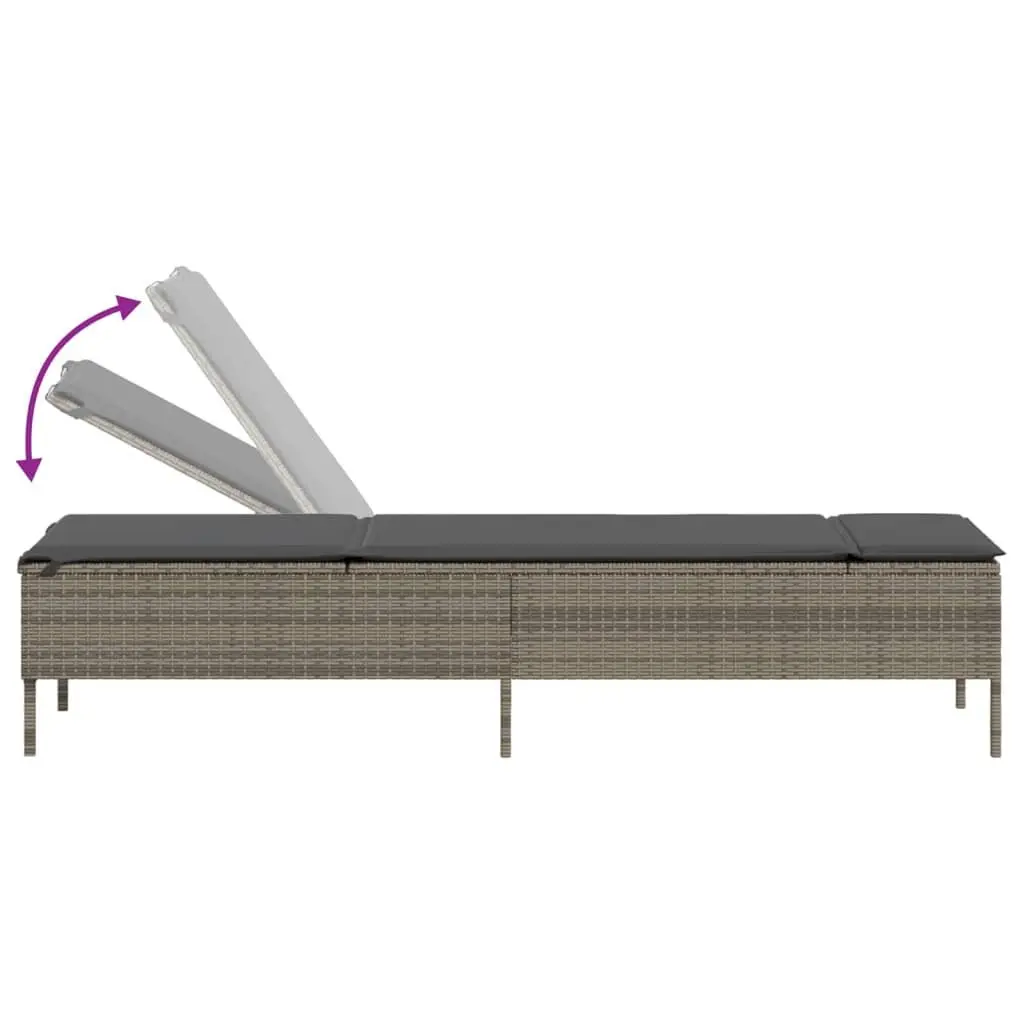Sun Lounger Poly Rattan Adjustable Backrest Grey with Side Table and Cushion