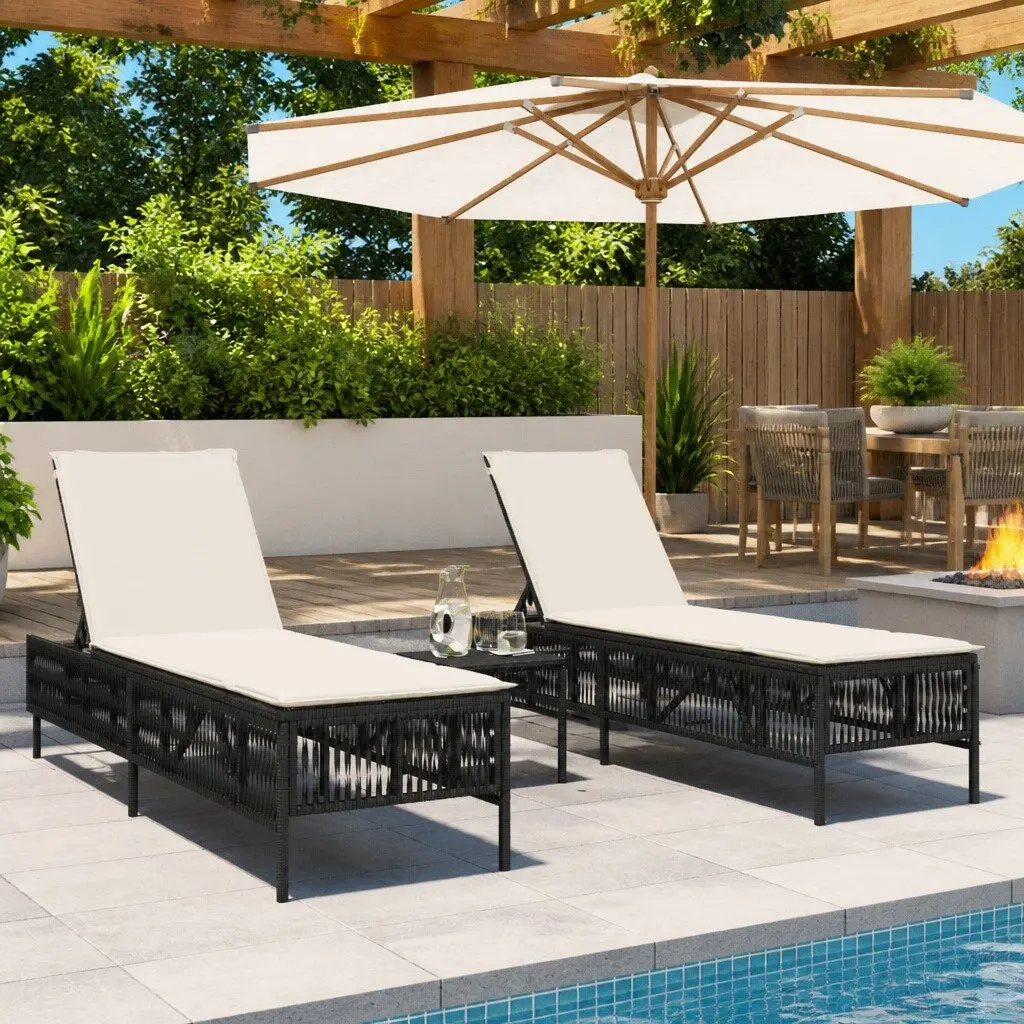 Sun Loungers PE Rattan Adjustable Backrest 2 pcs Black Outdoor Garden Furniture