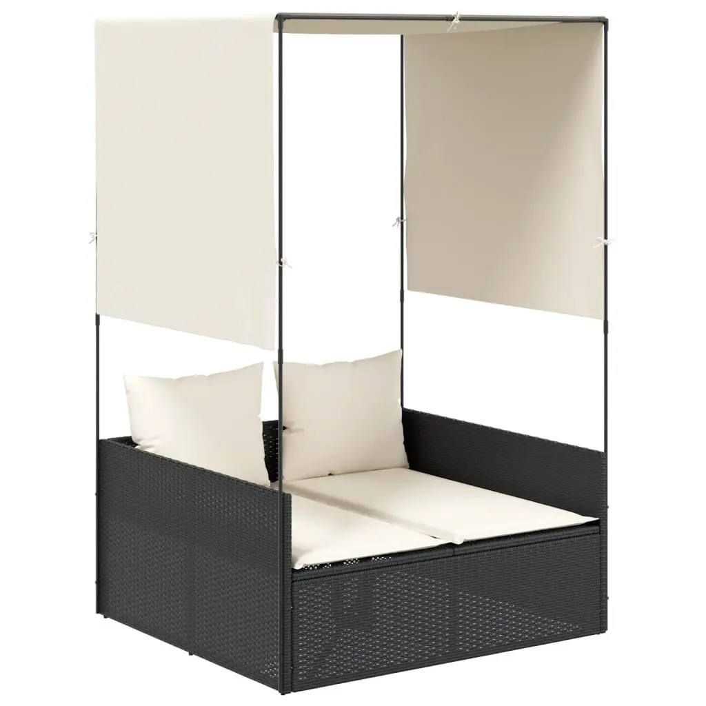 Double Sun Lounger PE Rattan with Roof and Curtains Black