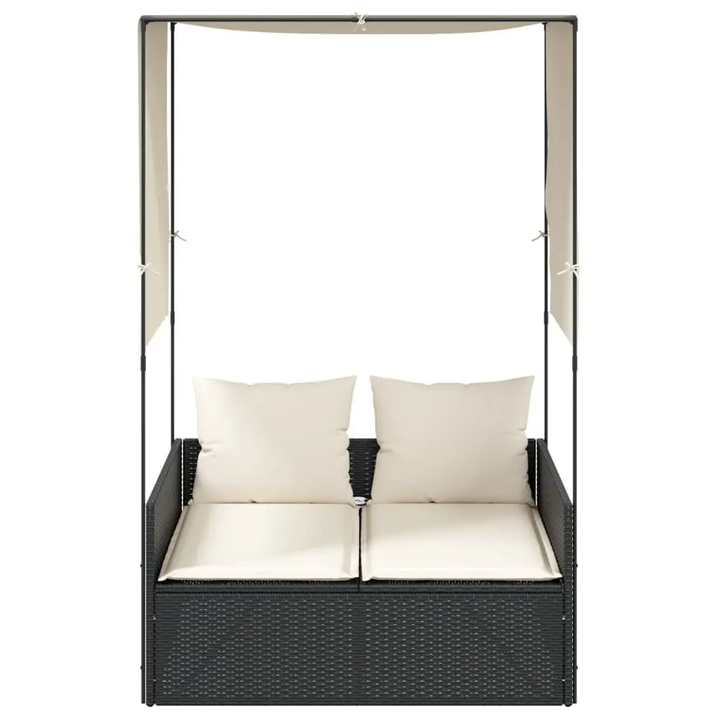 Double Sun Lounger PE Rattan with Roof and Curtains Black