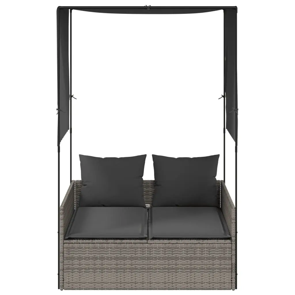 Double Sun Lounger PE Poly Rattan Grey with Roof Curtains Outdoor Garden Furniture