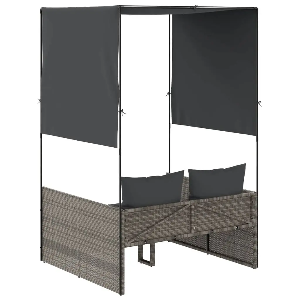 Double Sun Lounger PE Poly Rattan Grey with Roof Curtains Outdoor Garden Furniture