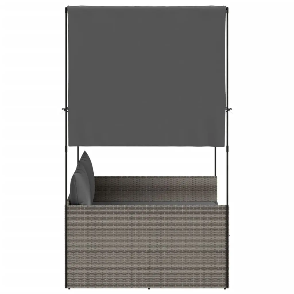 Double Sun Lounger PE Poly Rattan Grey with Roof Curtains Outdoor Garden Furniture