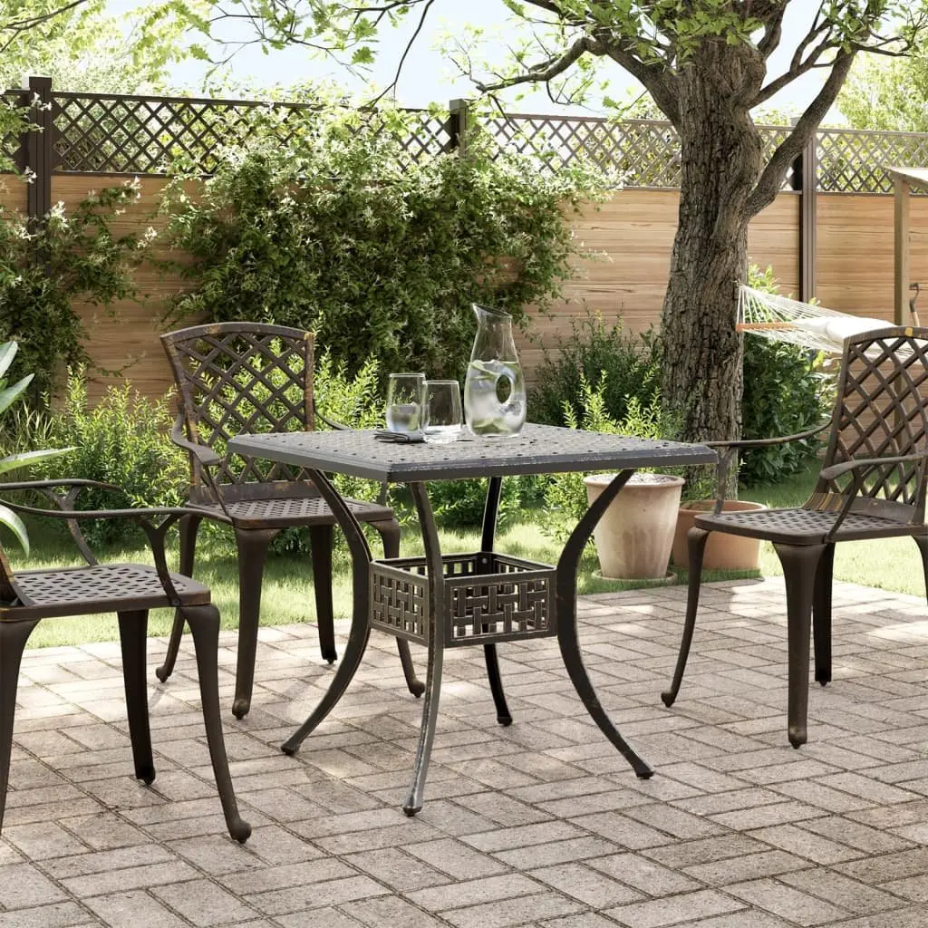 Garden Table Cast Aluminium 80cm Brown Outdoor Patio Furniture with Umbrella Hole