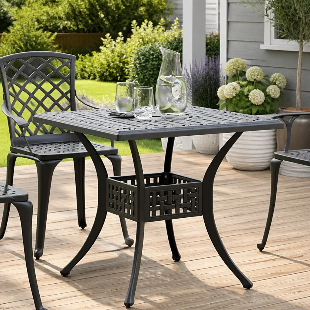 Outdoor Patio Garden Table Cast Aluminium Black 80x80x75 cm with Umbrella Hole