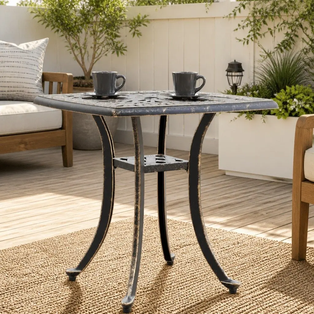 Garden Table Brown Outdoor Patio Furniture Cast Aluminium Umbrella Hole