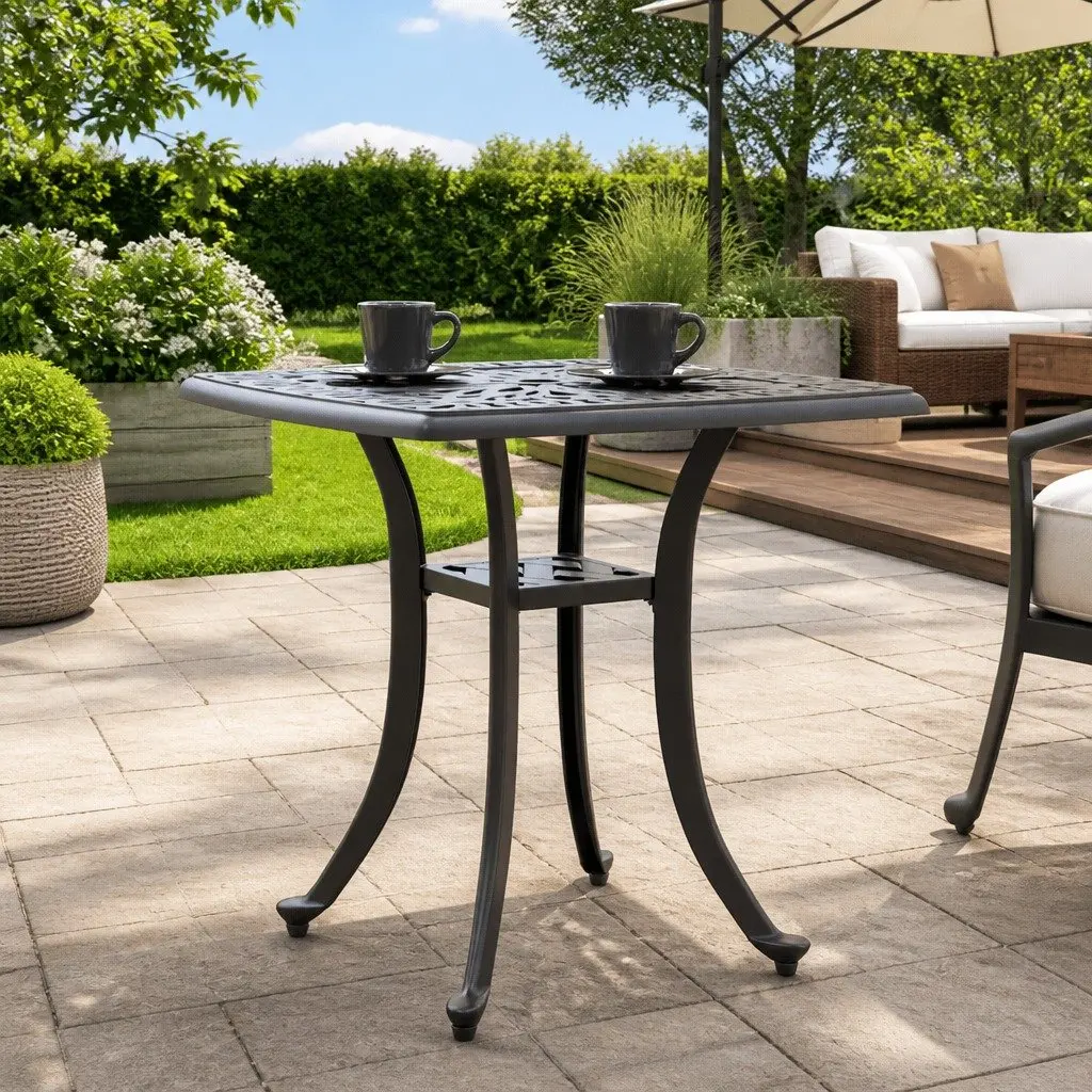 Black Garden Table Cast Aluminium 53x53x53cm Outdoor Furniture with Umbrella Hole for Patio and Garden