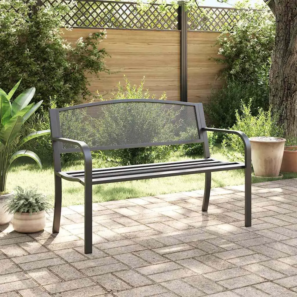 Garden Bench Powder-coated Steel 119cm Black Outdoor Seating with Armrest and Backrest