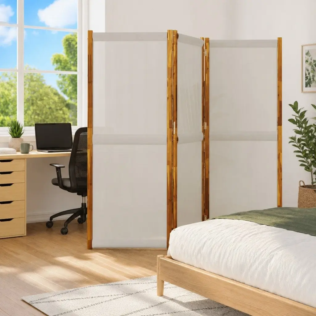 3-Panel Room Divider Solid Acacia Wood 210x180 cm Grey Folding Partition Privacy Screen Indoor