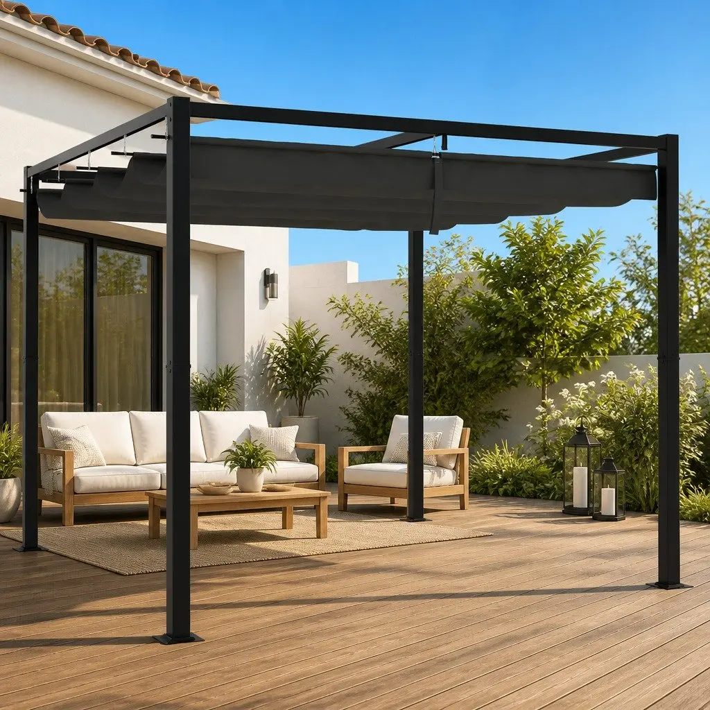 Garden Gazebo Anthracite Steel Frame 3x3m Outdoor Shelter with Retractable Roof