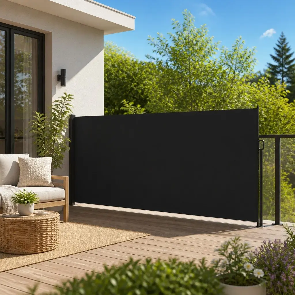 Retractable Side Awning Polyester 160x300 cm Black Garden Privacy Screen Outdoor Patio