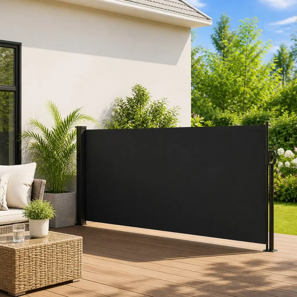 Retractable Side Awning Polyester 100x500cm Black Outdoor Privacy Screen Shade
