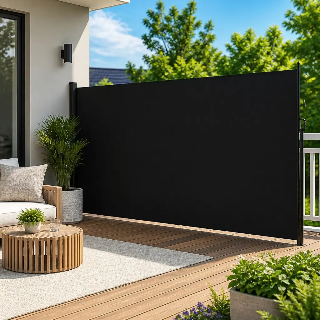 Retractable Side Awning Polyester 200x500 cm Black Garden Privacy Screen Outdoor Patio