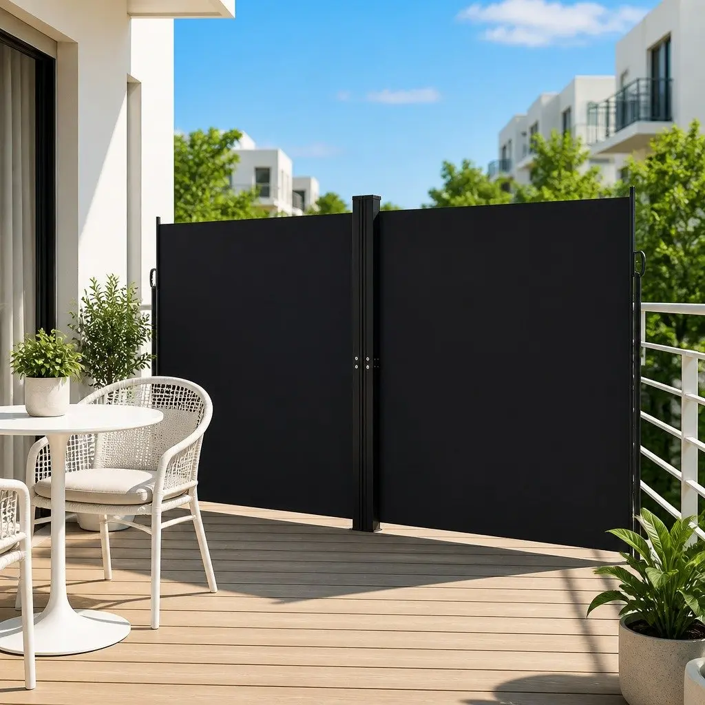 Retractable Side Awning Polyester 200x1200cm Black Outdoor Privacy Screen Garden Patio Balcony