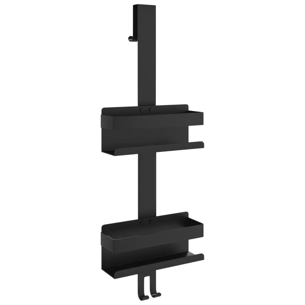Hanging Organizer Caddy Stainless Steel Black Bathroom Shelf with Towel Hooks and Spacious Storage for Shower Essentials