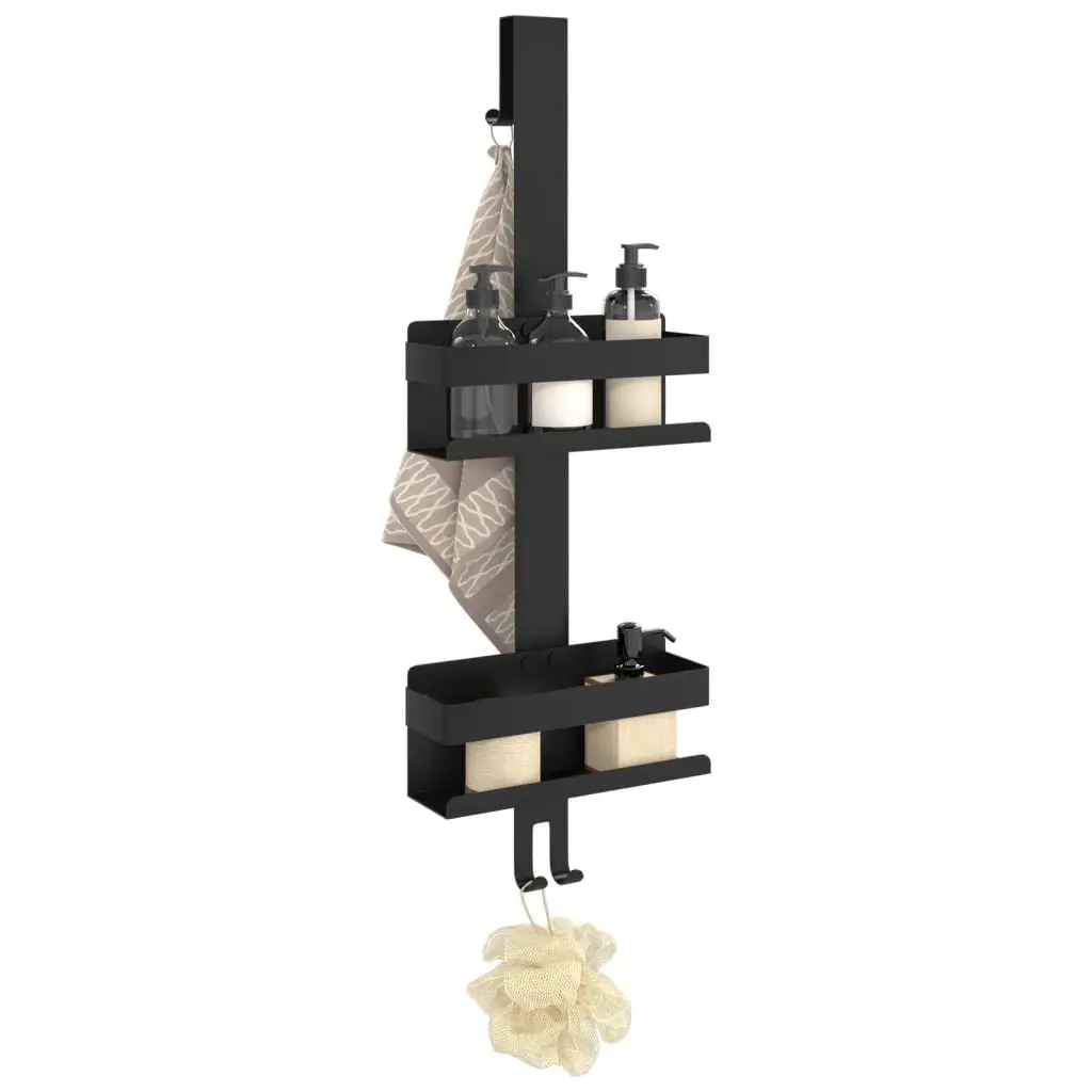 Hanging Organizer Caddy Stainless Steel Black Bathroom Shelf with Towel Hooks and Spacious Storage for Shower Essentials