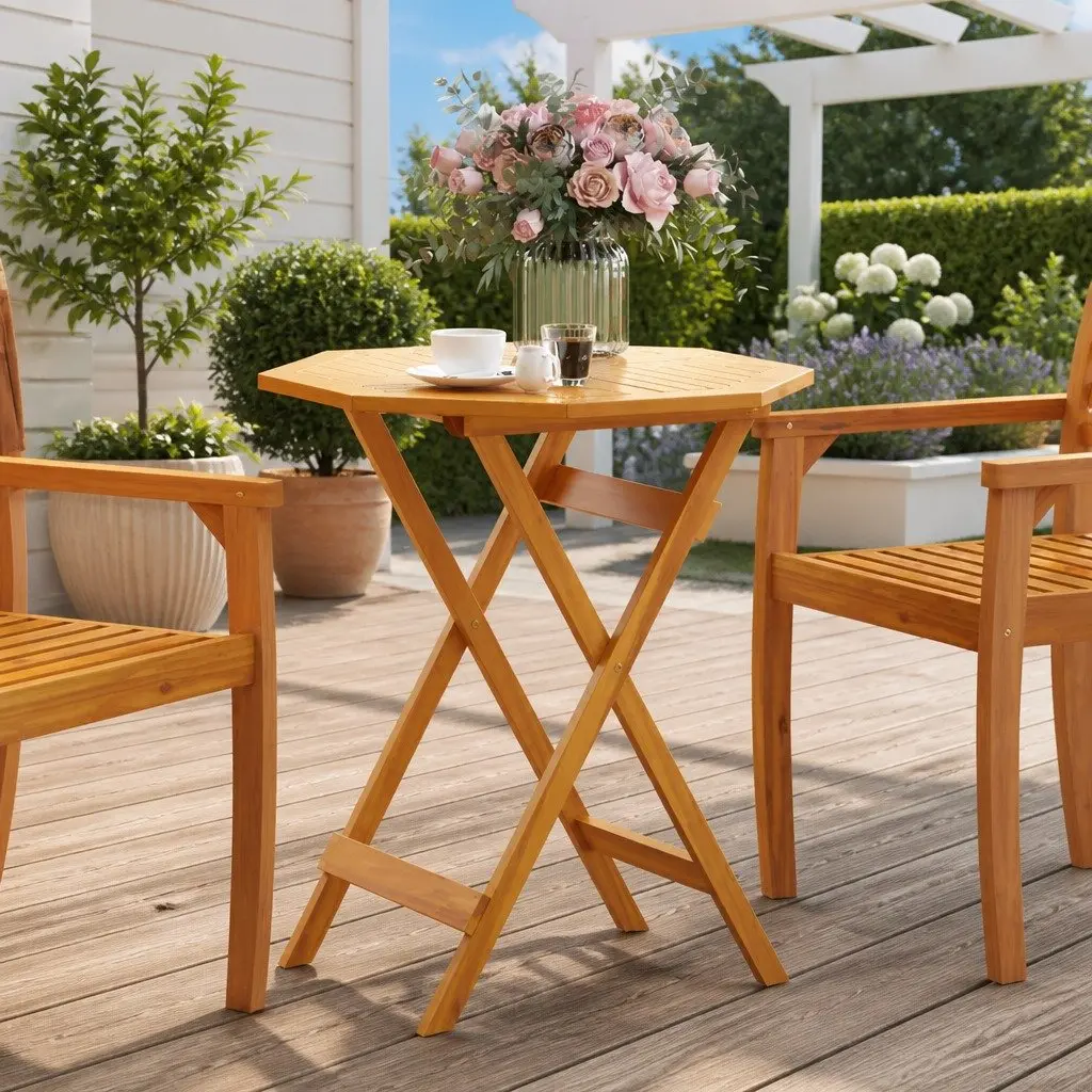 Folding Garden Table Round 70cm Outdoor Patio Dining Furniture Brown Wood