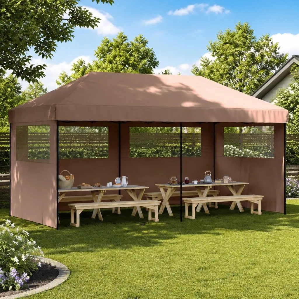 Foldable Pop-Up Party Tent Oxford Fabric 3 Sidewalls Brown Outdoor Gazebo Canopy