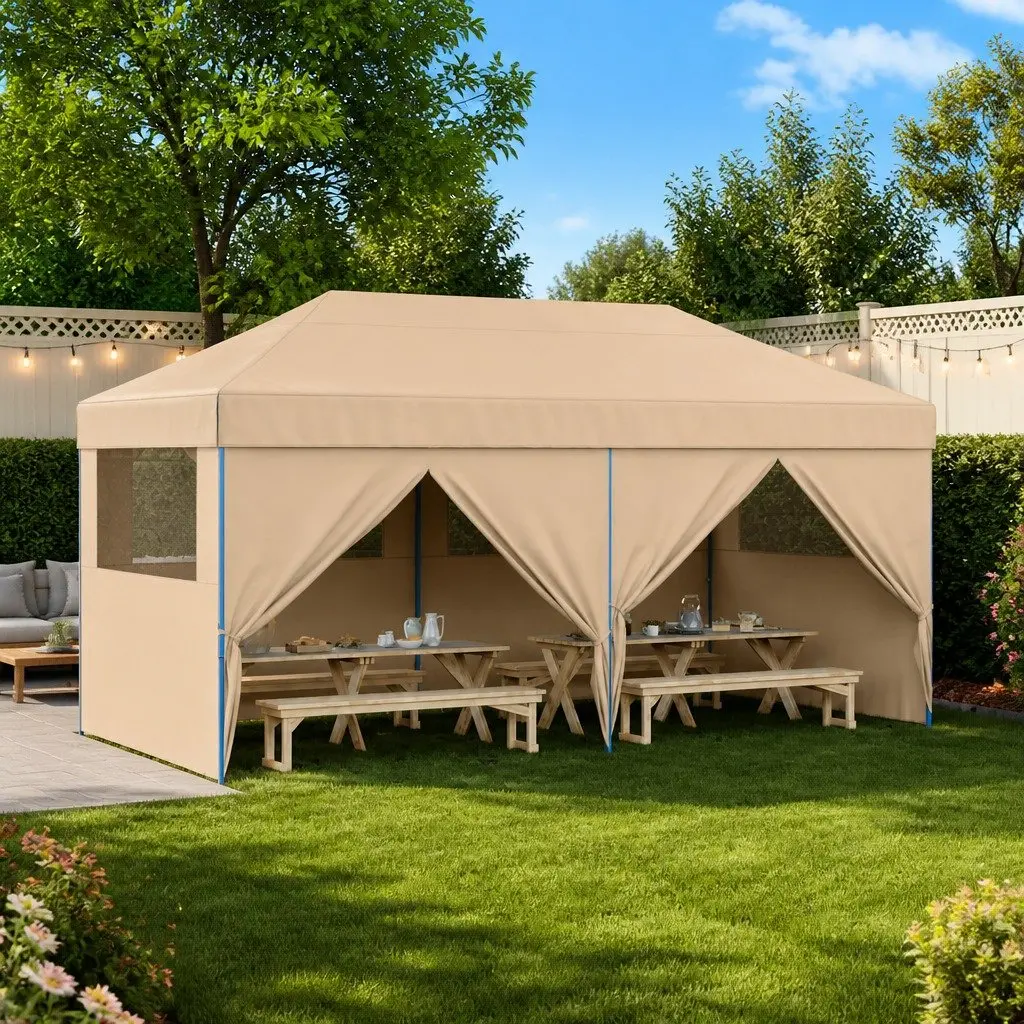 Pop-Up Party Tent Beige Oxford Fabric Outdoor Gazebo with 4 Sidewalls for Events and Gatherings