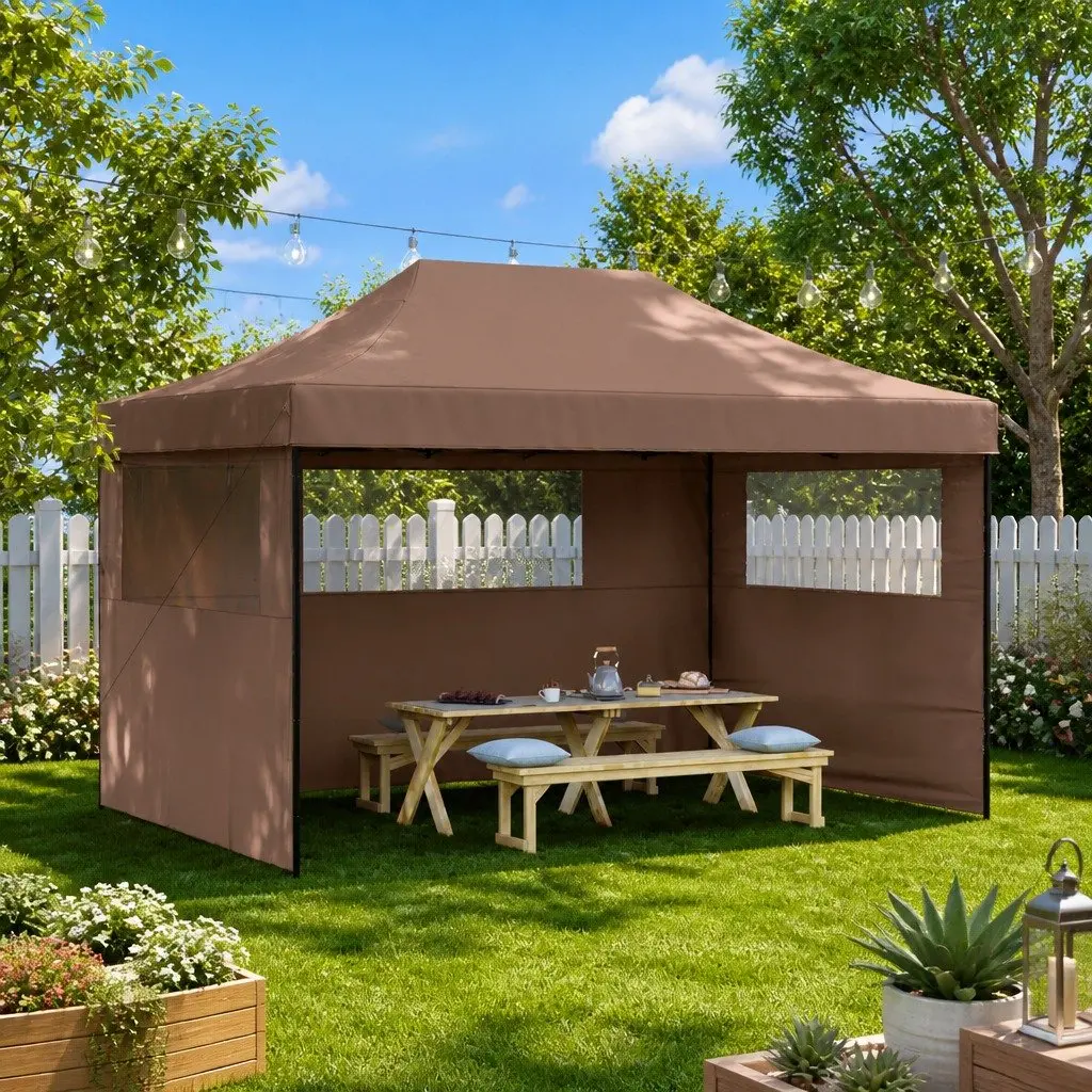 Foldable Pop-Up Party Tent Oxford Fabric 3 Sidewalls Brown Garden Canopy