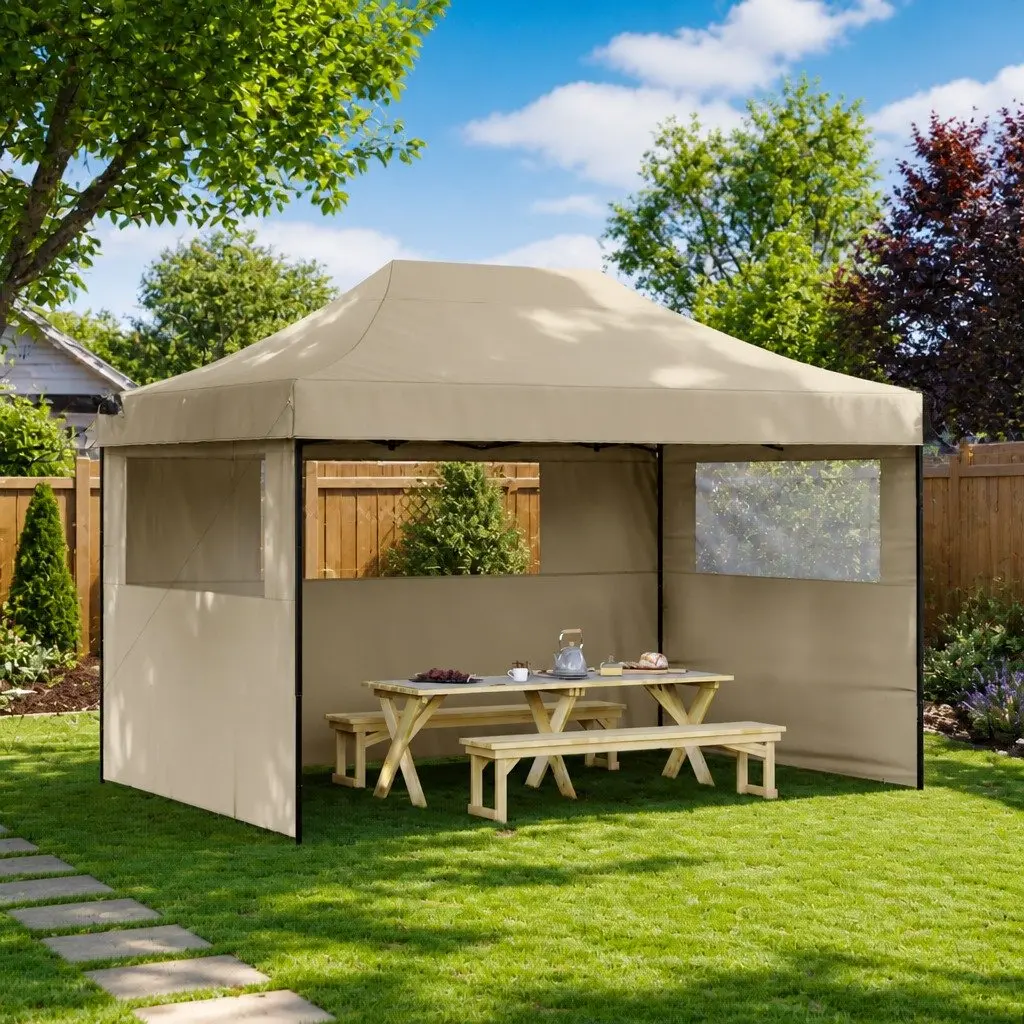 Foldable Pop-Up Party Tent with 3 Sidewalls Outdoor Garden Gazebo Taupe