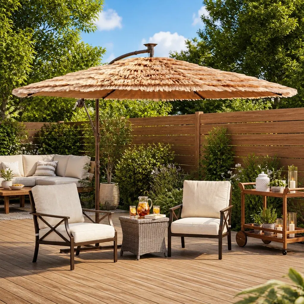 Garden Parasol Polyester Canopy 290 x 290 x 238 cm Brown Steel Pole Crank Mechanism