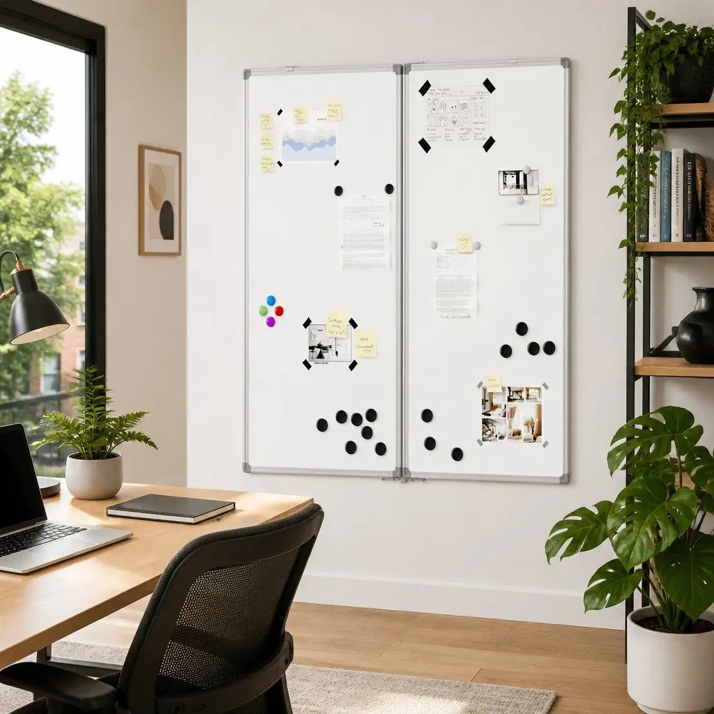 Magnetic Whiteboard Foldable Aluminium Two Panel Display Board 80 x 80 cm White