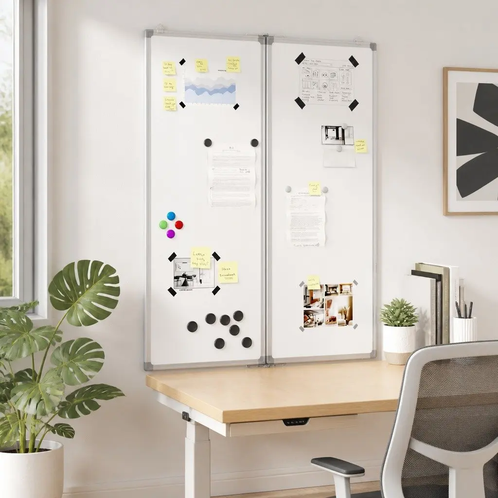Magnetic Whiteboard Foldable Two Panel Display Board Aluminium Lacquer-coated 80 x 100 cm White