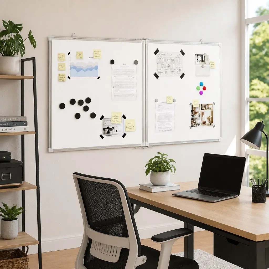Magnetic Whiteboard Foldable Two Panel Display Board Lacquer Coated Surface 120 x 60 cm