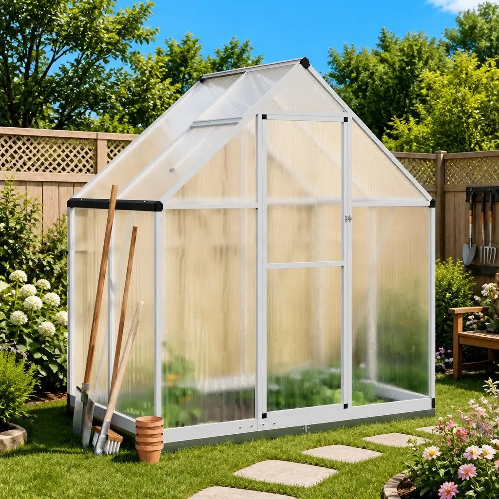 Greenhouse Aluminium Polycarbonate Silver 169x114x202 cm with Base Frame for Garden