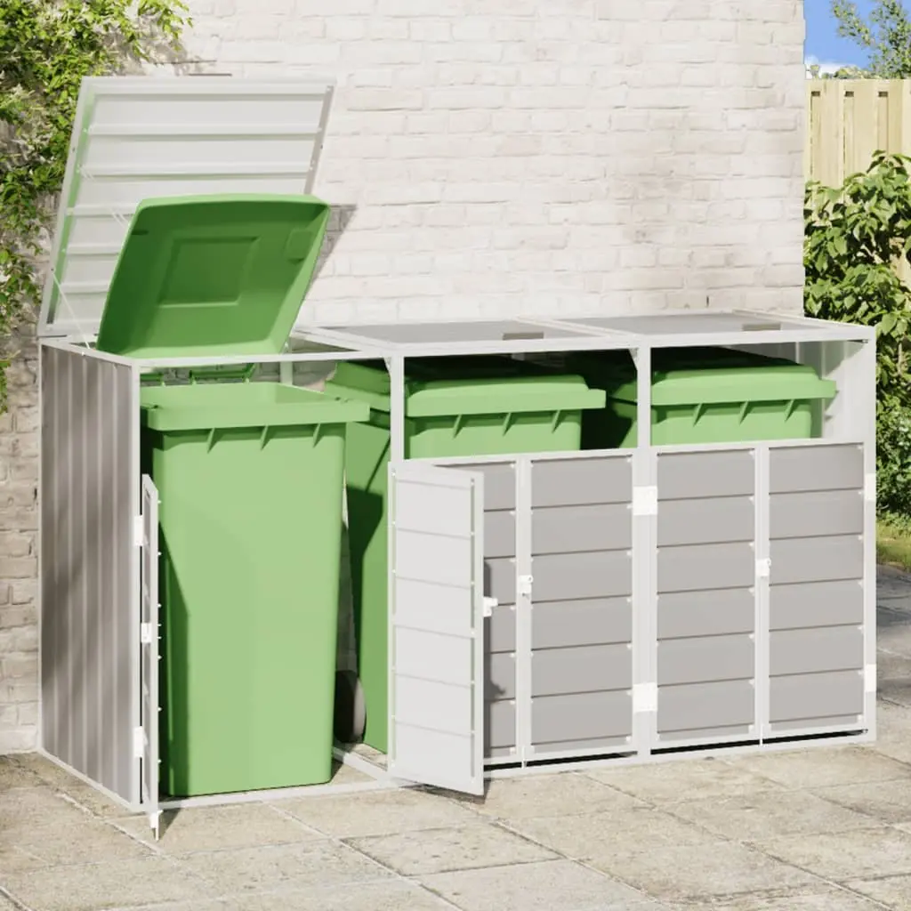 Triple Bin Enclosure Outdoor Waste Container Grey Powder Coated Steel with Ventilation Panels and Automatic Lid System