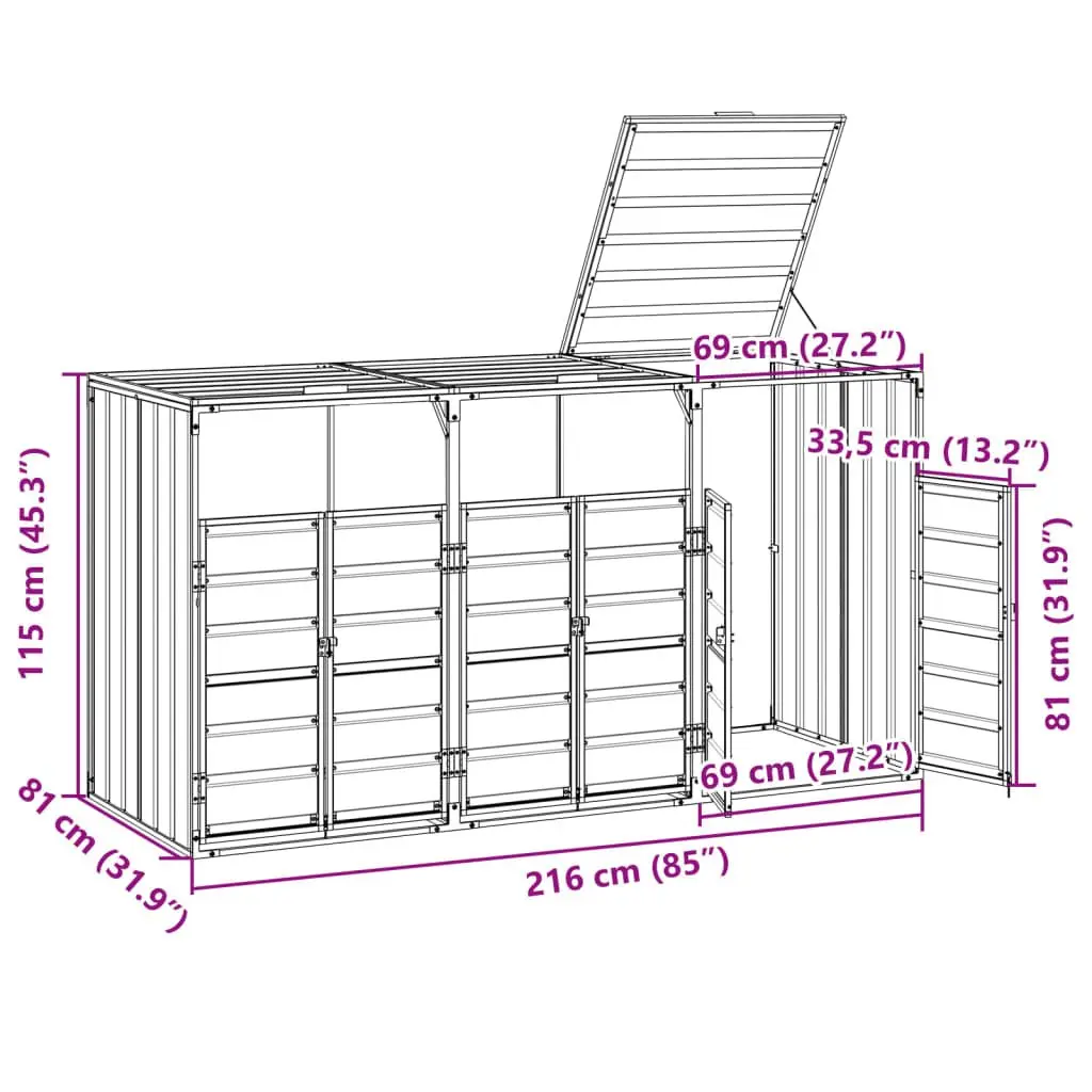 Wheelie Bin Storage Triple Bins Powder-coated Steel 216x81x115 cm Brown Garden Waste Container