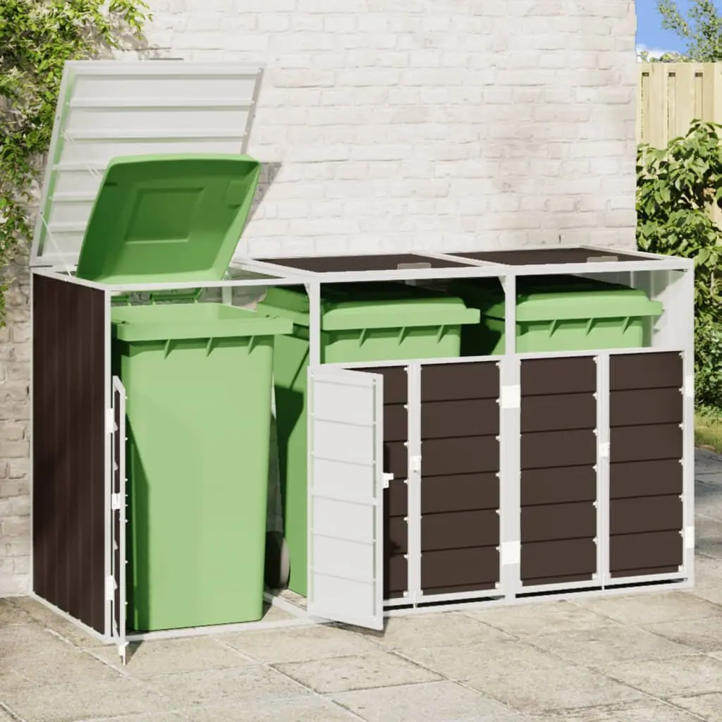 Wheelie Bin Storage Triple Bins Powder-coated Steel 216x81x115 cm Brown Garden Waste Container