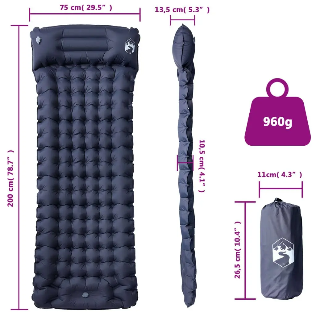 Self Inflating Camping Mattress 1-Person Grey 10.5 cm Thickness with Pillow