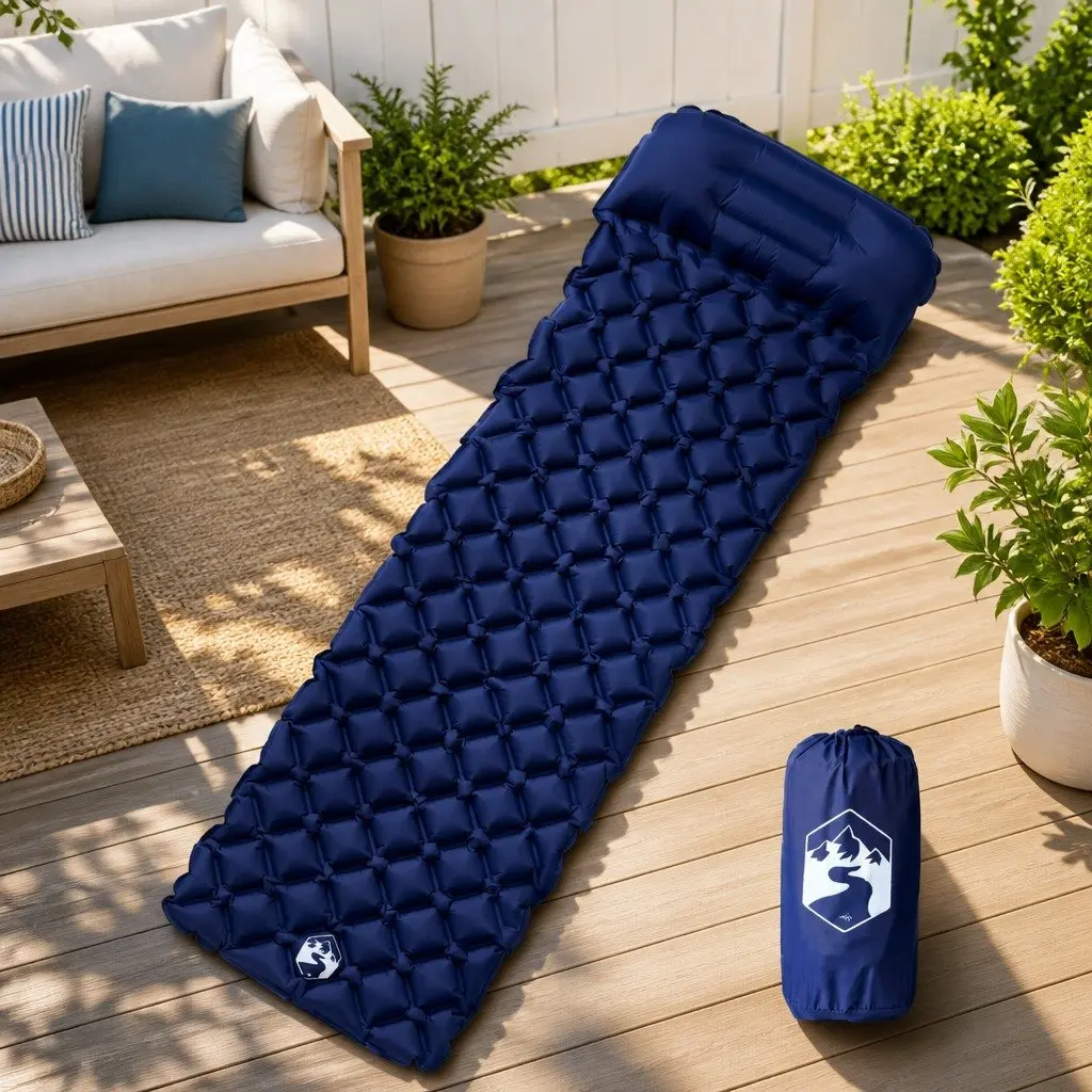 Inflatable Sleeping Pad 40D Nylon 6cm Thickness Blue with Integrated Pillow Single Person Outdoor Mattress
