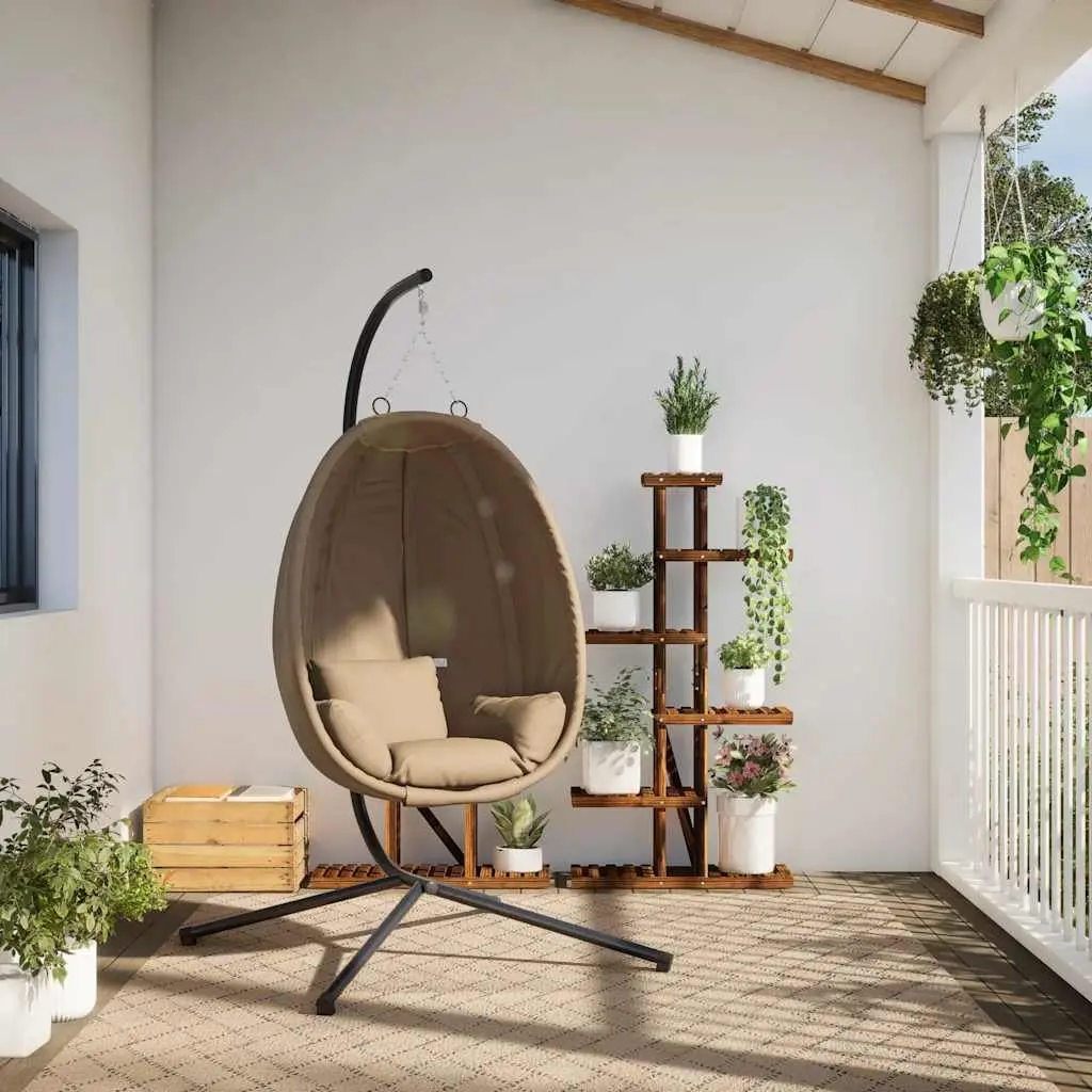 Hanging Egg Chair with Stand Taupe Fabric Steel Frame Garden Swing Outdoor Porch