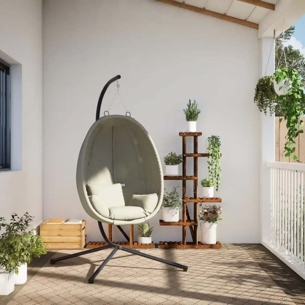 Hanging Egg Chair Steel Frame Beige Fabric Outdoor Swing with Stand