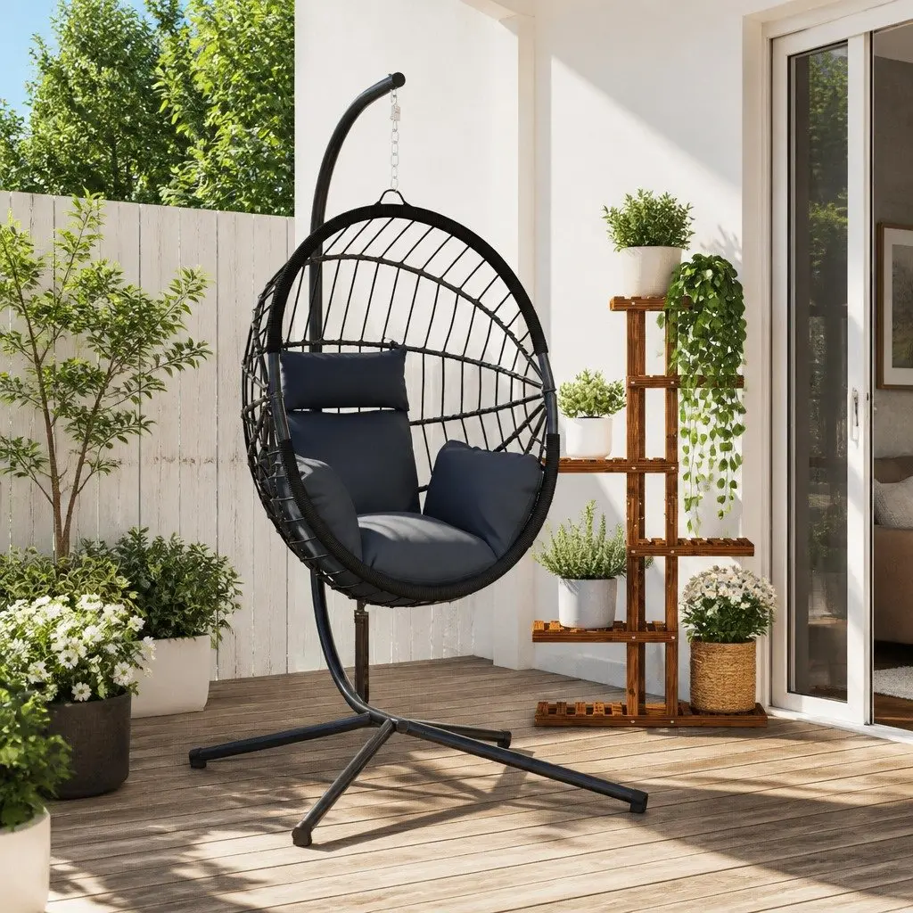 Hanging Egg Chair with Stand Rattan and Steel Frame Anthracite Garden Porch Swing
