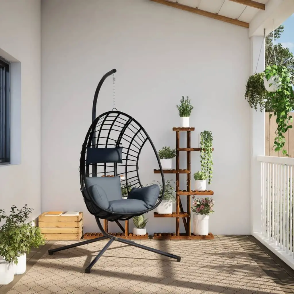 Hanging Chair Anthracite Steel Frame Natural Rattan Outdoor Swing with Cushion