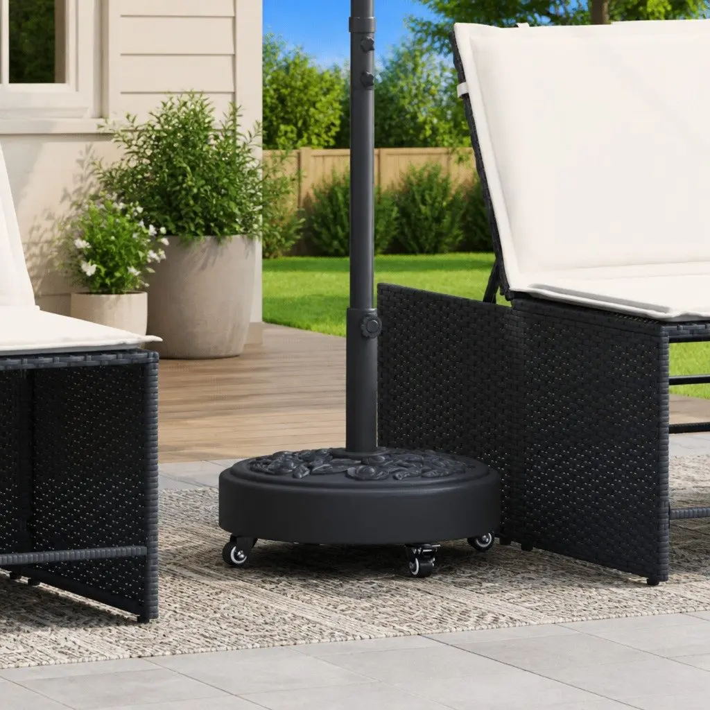 Round Parasol Base Concrete Filled with Lockable Wheels for 38mm 48mm Poles Black