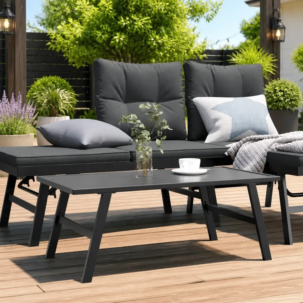 Outdoor Garden Coffee Table Black Steel Frame Patio Furniture Living Space Decor