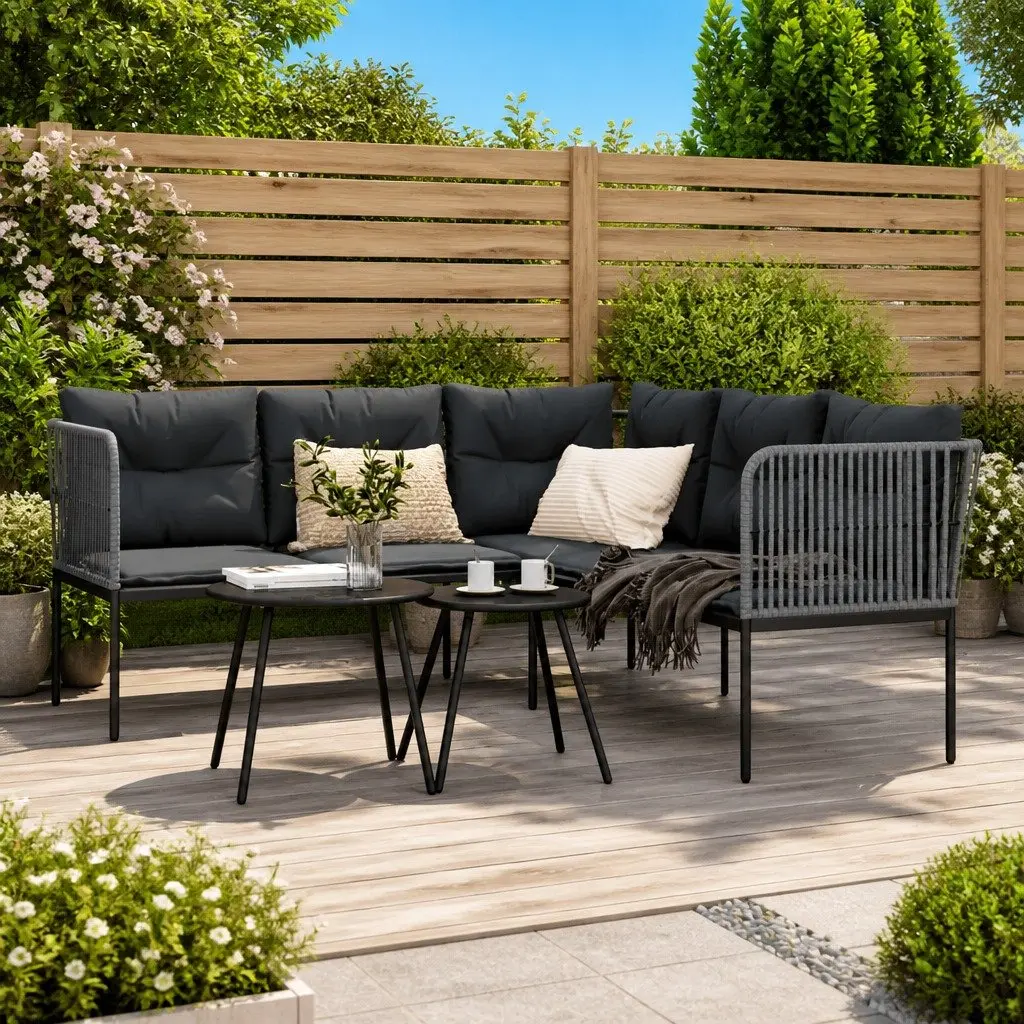 L-Shaped Garden Sofa Steel Textilene Black Outdoor Patio Seating with Cushions